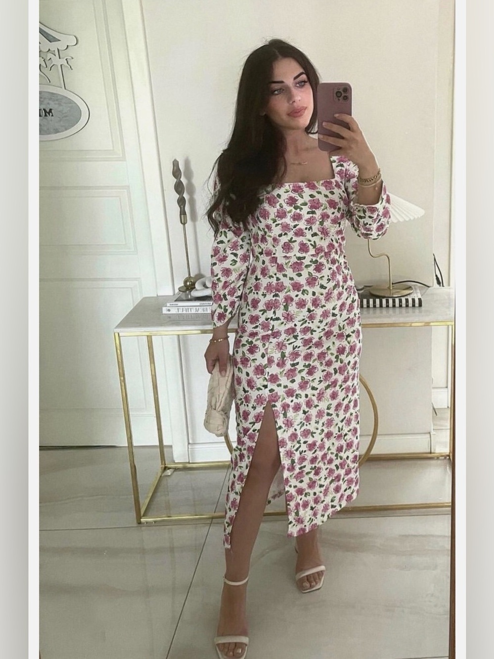 ZARA Floral Print Square Neck Midi Dress White Pink Long Sleeve Front Slit Sz S